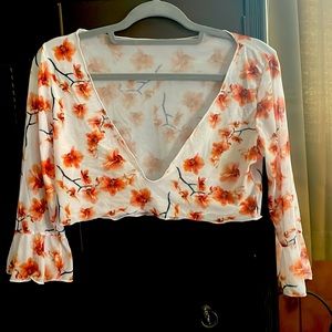 Sheer flower crop top shein quarter sleeve